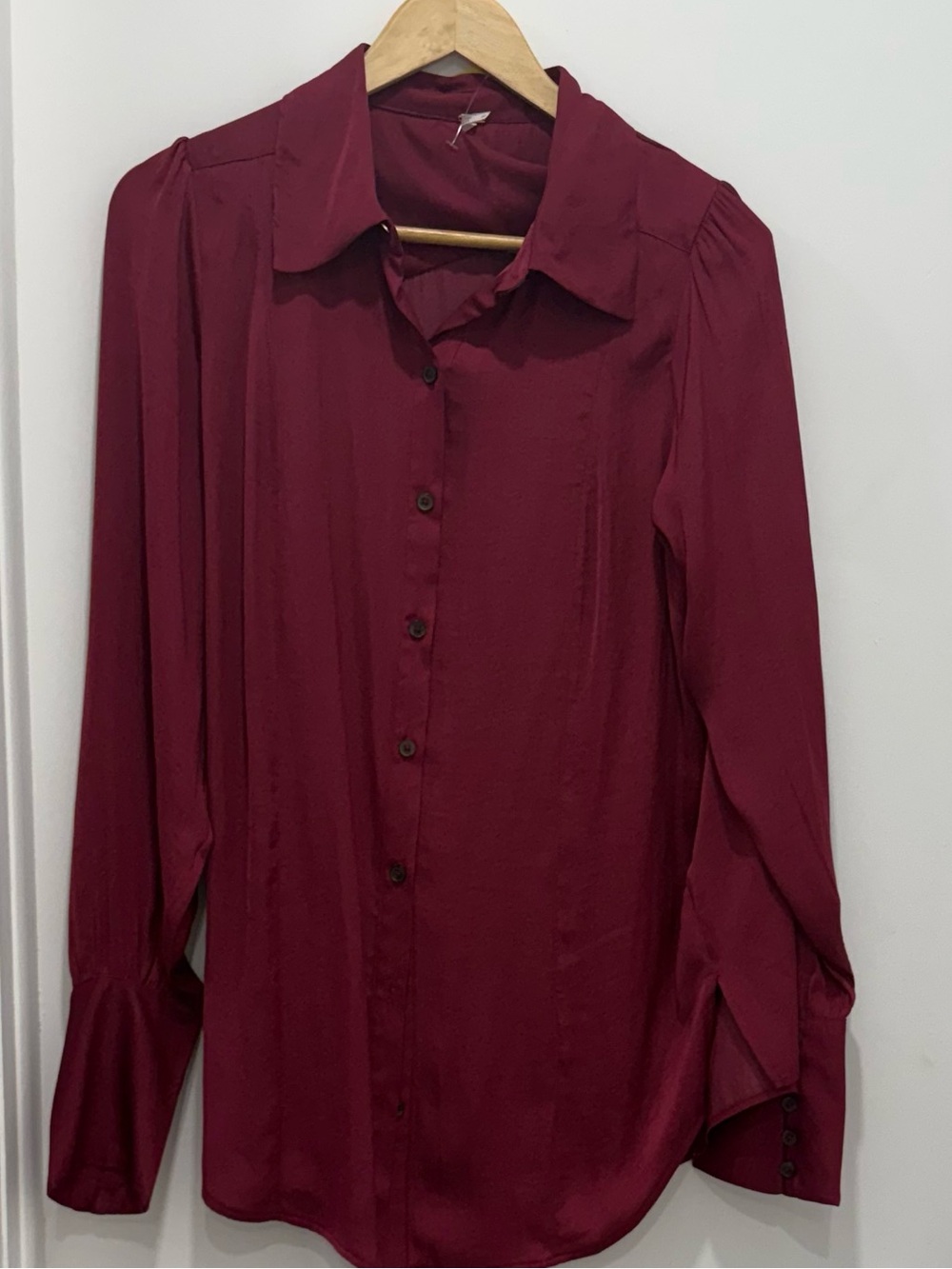 Free People Burgundy Wine Button Front Blouse Puff Sleeve Multi Button Cuff M